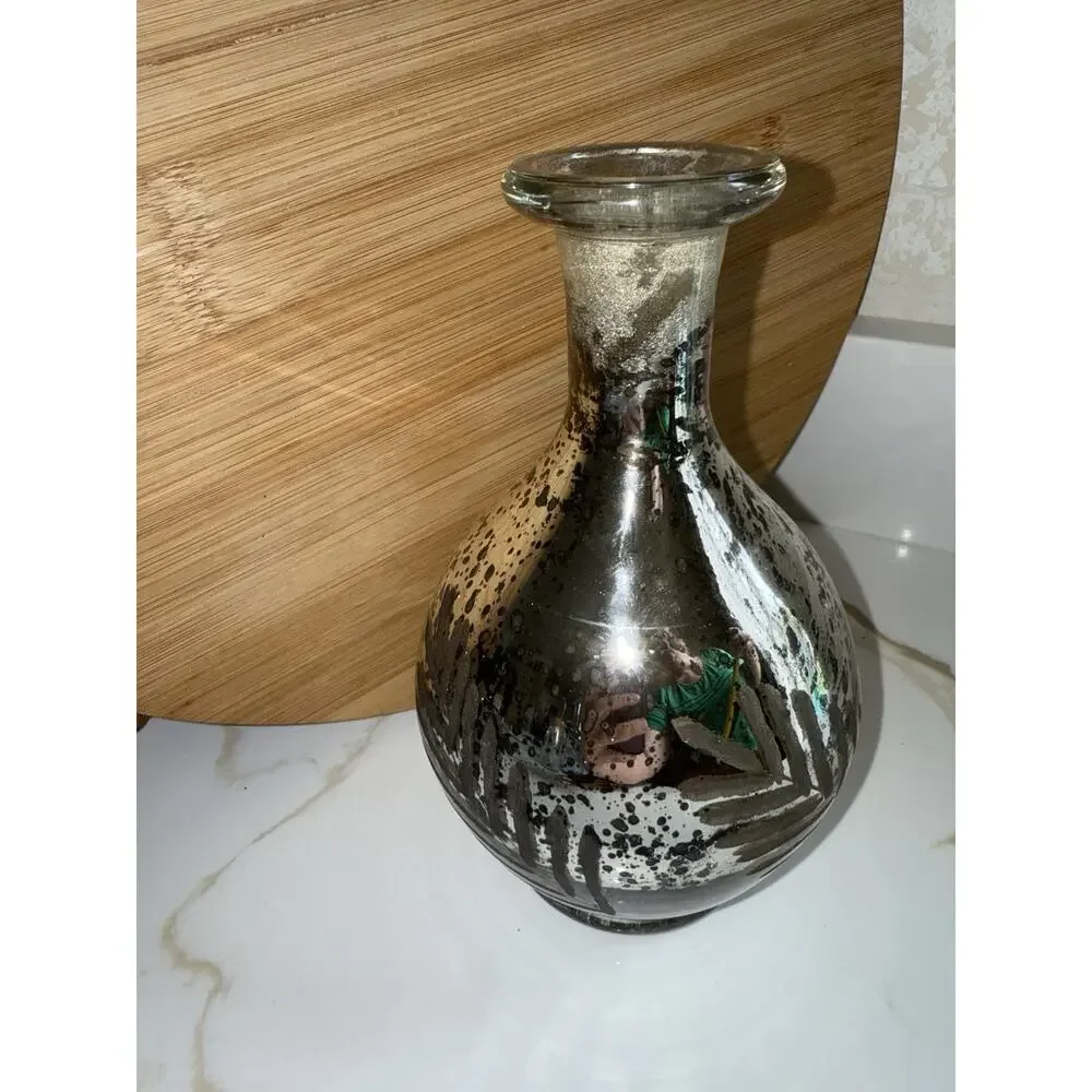 Vintage 2010’s Mercury Etched Leaf Glass Bottle Vase 4.5ʺW × 8.75ʺH India